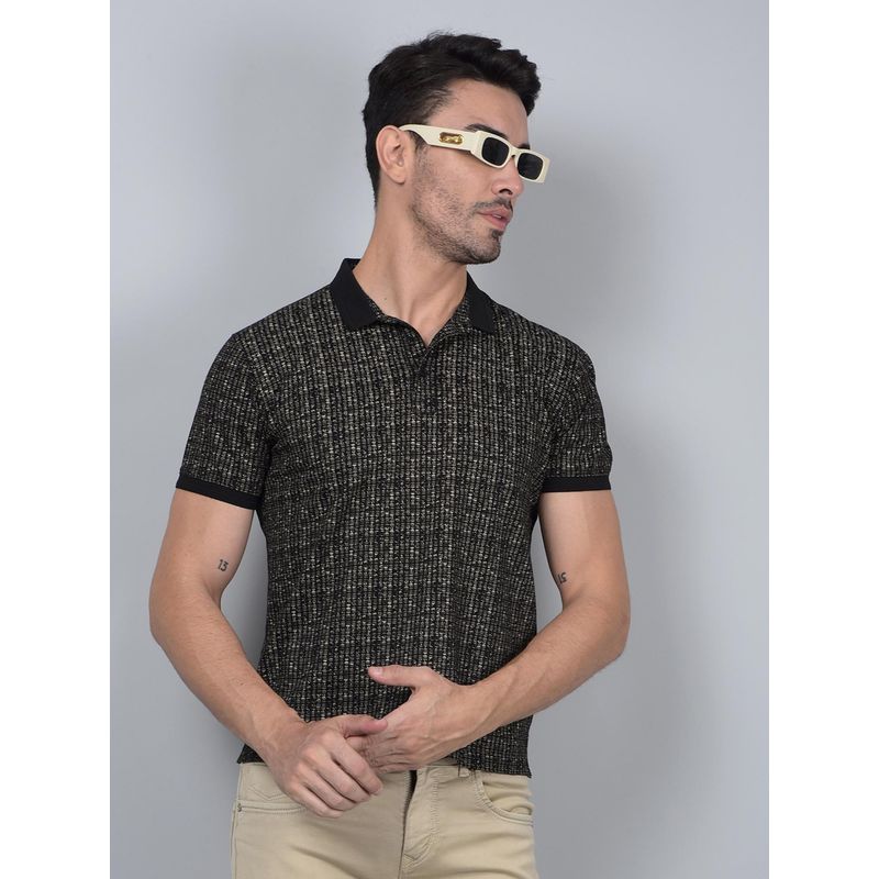 CRIMSOUNE CLUB Men Black Printed Pure Cotton Polo T-Shirt (S)