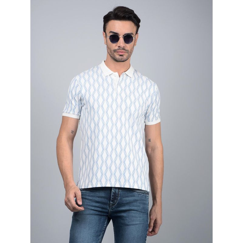 CRIMSOUNE CLUB Men Blue Geometric Print Pure Cotton Polo T-Shirt (L)