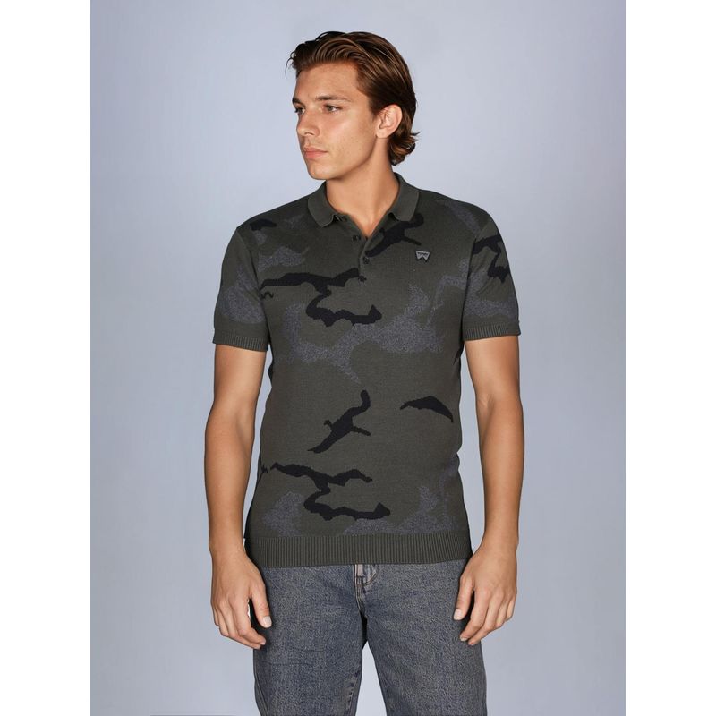 Wrangler Men Abstract Green Collar Regular Fit Polo T-Shirt (L)