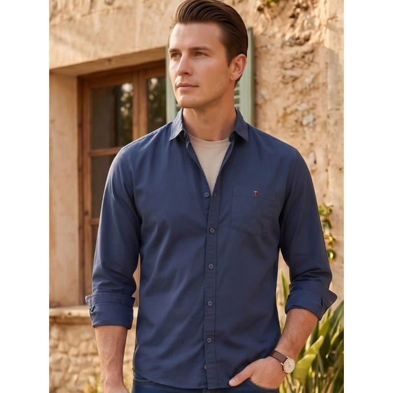 Louis Philippe Mens Soft Feel Over Dyed Solid Navy Slim fit Casual Shirt (42)