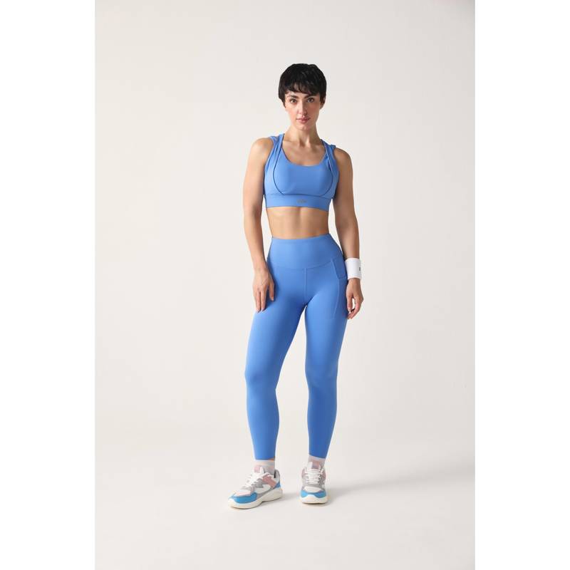 Sawsee Blue Nylon Elastane Solid Sports Bra with Tights (M)