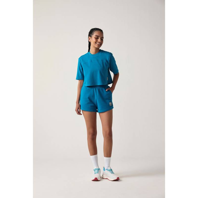 Sawsee Teal Cotton Blend Solid T-Shirt with Shorts (M)