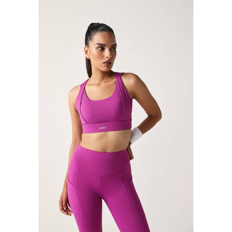 Sawsee Magenta Nylon Solid Sports Bra (L)