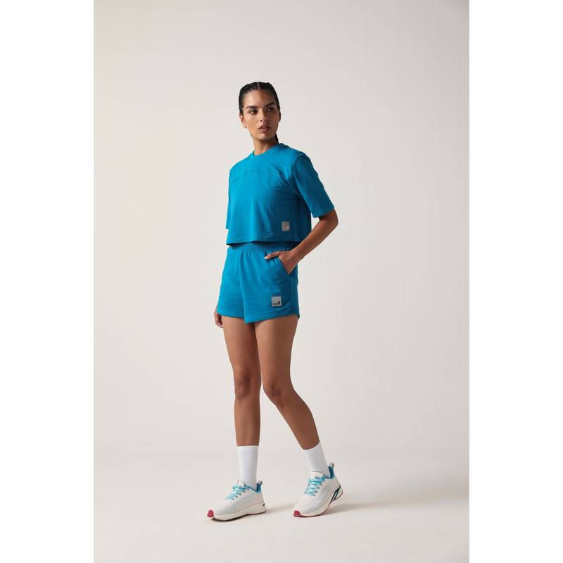 Sawsee Teal Cotton Blend Solid T-Shirt (M)