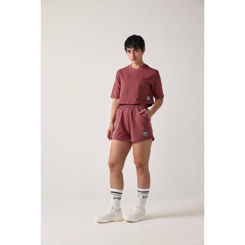 Sawsee Maroon Cotton Blend Solid T-Shirt (M)