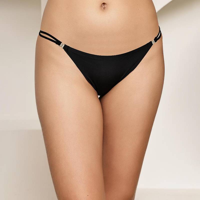 PrettyCat Black Low Rise Micro Double Strap Detail Bikini Panty (M)