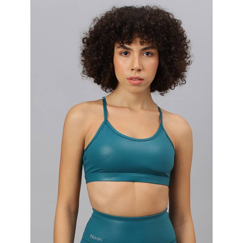 Fitkin Women's Teal Foil Halter Strapes Sports Bra (L)