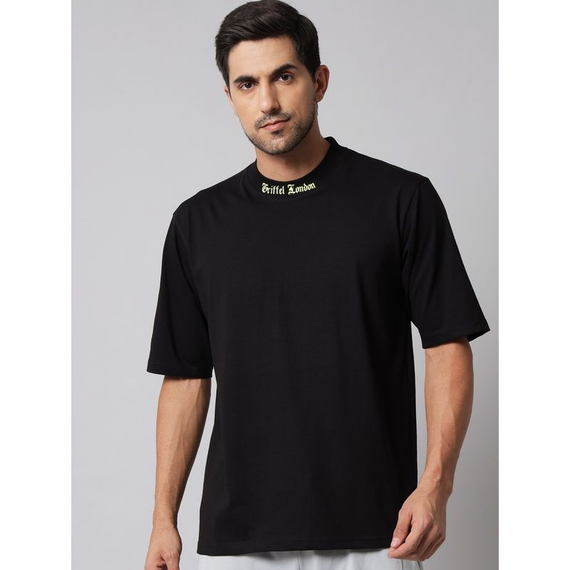 Griffel Black Men Neck Print Black Oversized fit Black T-Shirt (M)