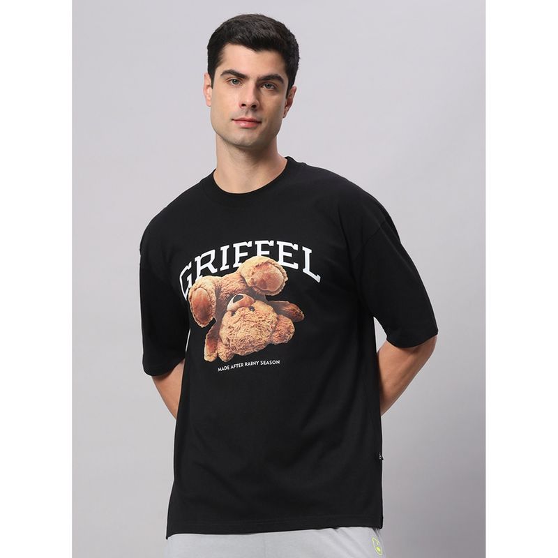 Griffel Black Upside down bear Drop Shoulder Oversized Black T-Shirt (XS)