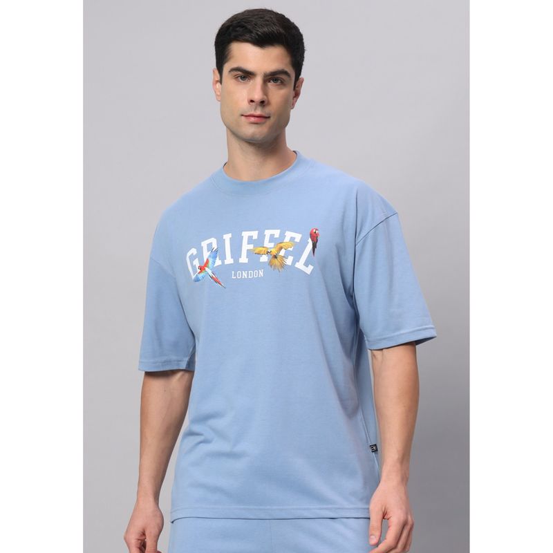 Griffel Powder Blue Birds Drop Shoulder Oversized Sky Blue T-Shirt (XL)