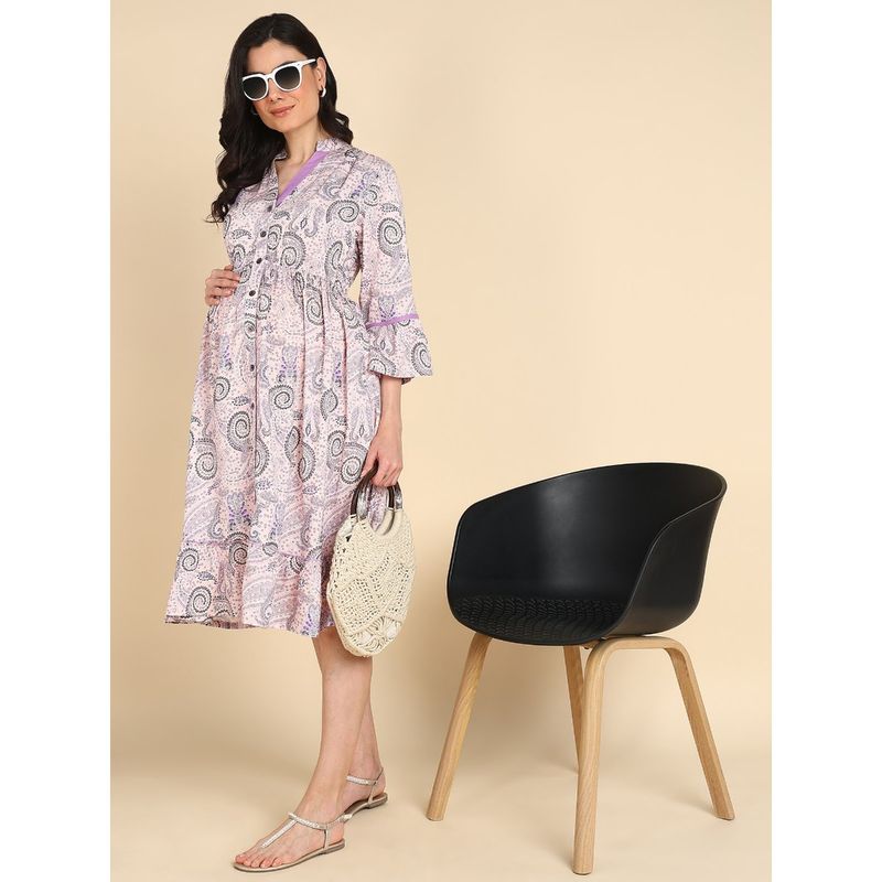 Zelena Women Rayon Paisley Zipless Maternity Feeding Dress with Pockets Lavender (2XL)