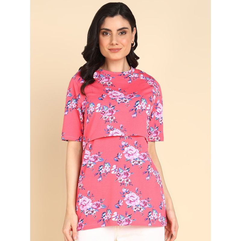 Brown Floral Soft Cotton Zipless Maternity & Feeding Dress | Full Length main image 0