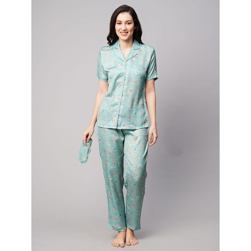 Drape In Vogue Womens Green White Floral Print Satin Night Suit (XL)