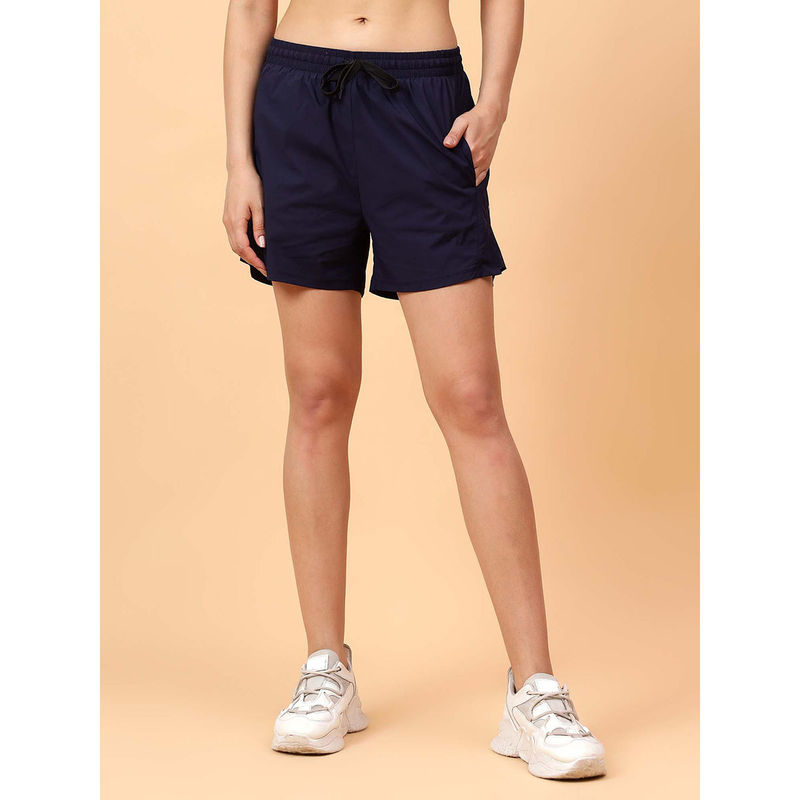 Fitkin Women Navy Blue Double Layer Laser Cut Detail Shorts (S)