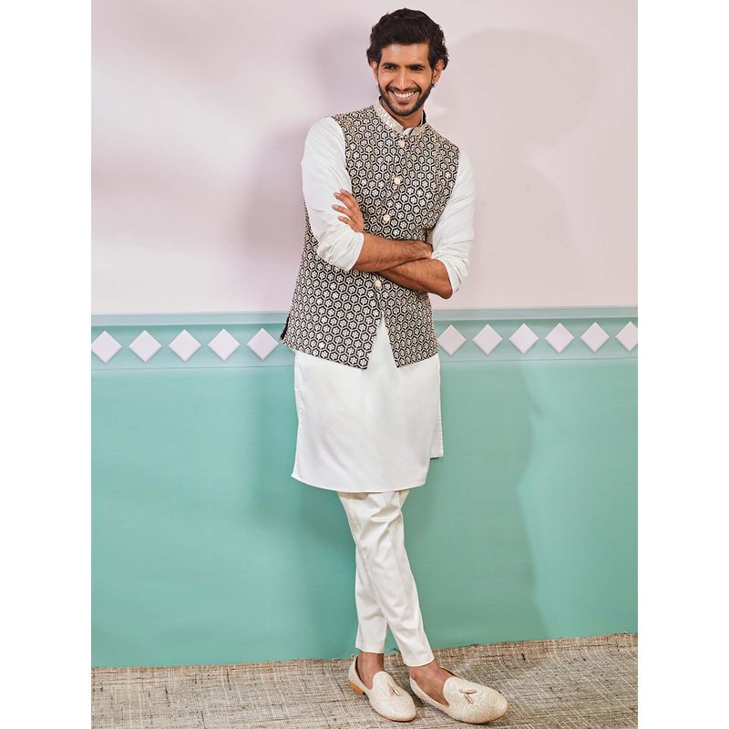 Vastramay Mens Black- Cream Floral Embroidered Nehru Jacket with Kurta and Pant (Set of 3) (36)