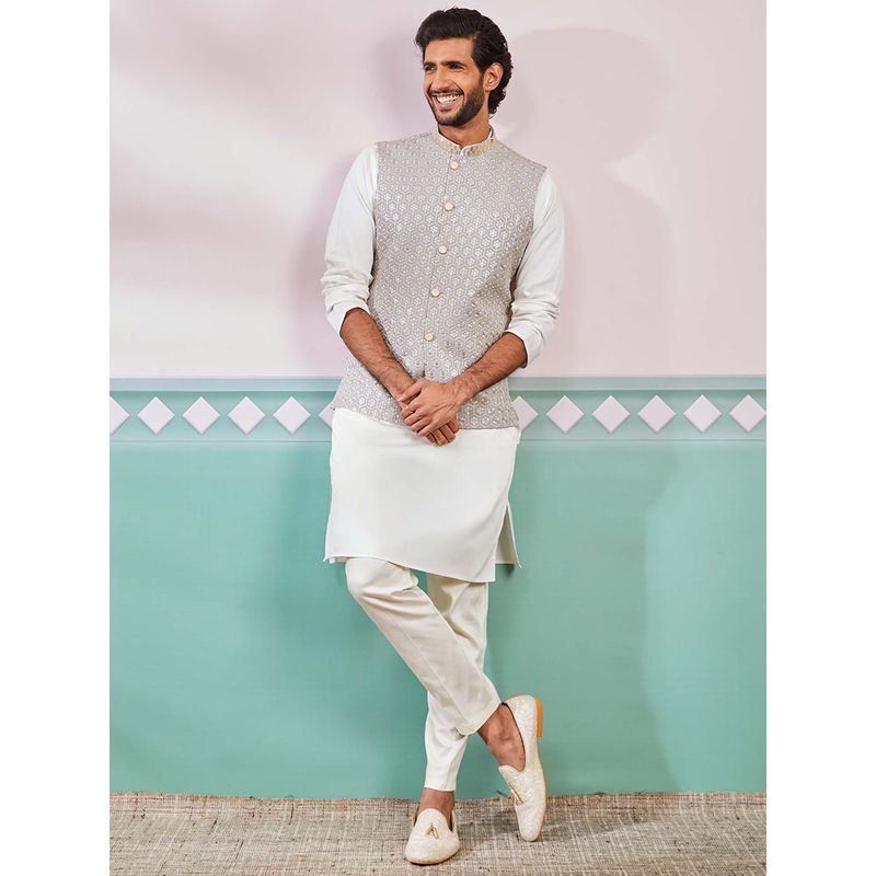 Vastramay Mens Grey- Cream Floral Embroidered Nehru Jacket with Kurta and Pant (Set of 3) (38)