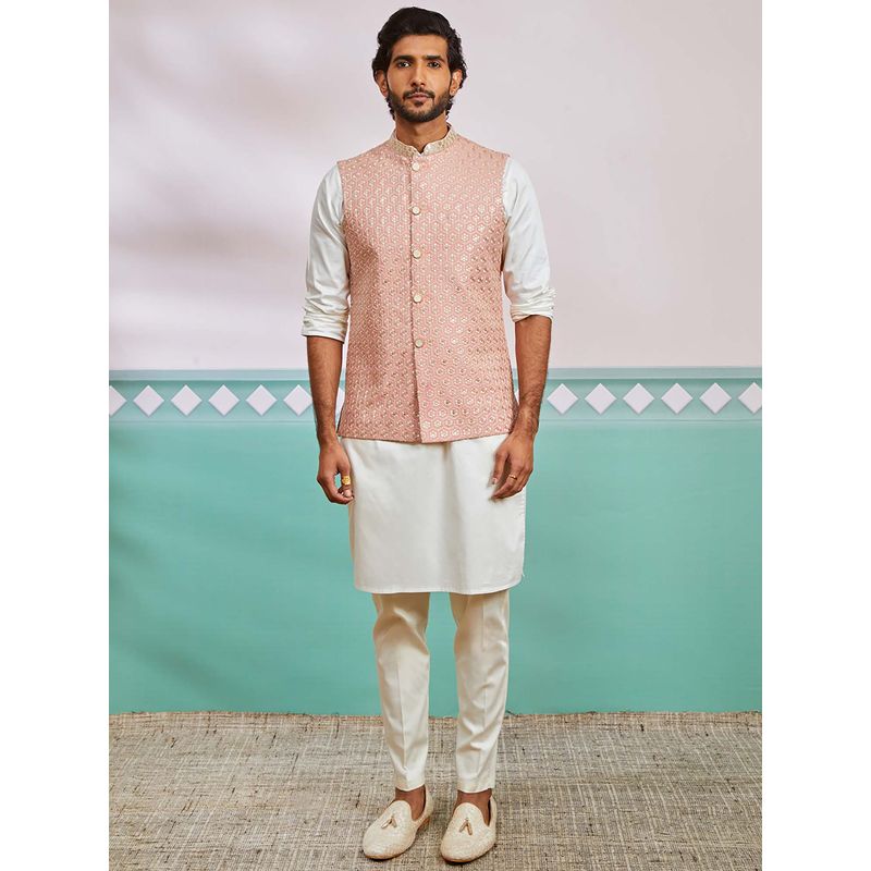 Vastramay Mens Peach-Cream Floral Embroidered Nehru Jacket with Kurta and Pant (Set of 3) (38)