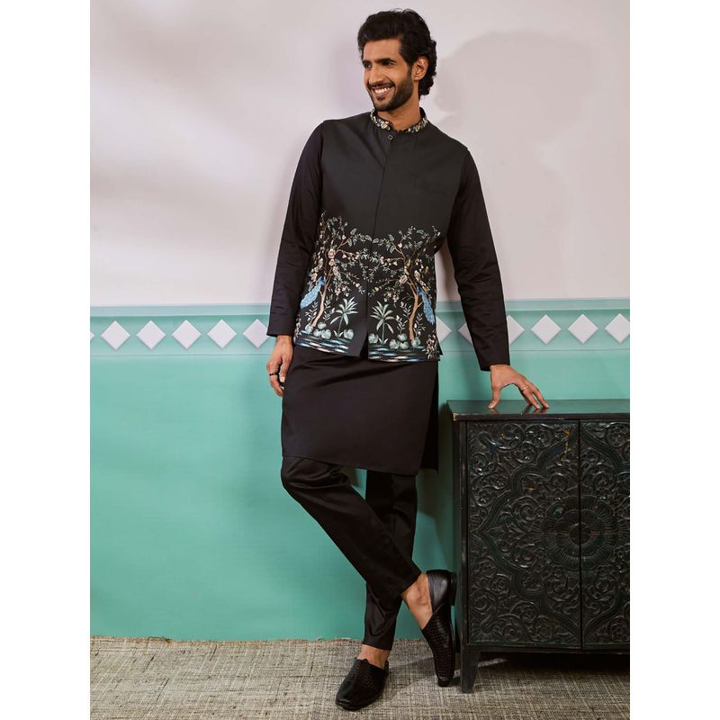 Vastramay Mens Black Floral Embroidered Nehru Jacket with Kurta and Pant (Set of 3) (38)