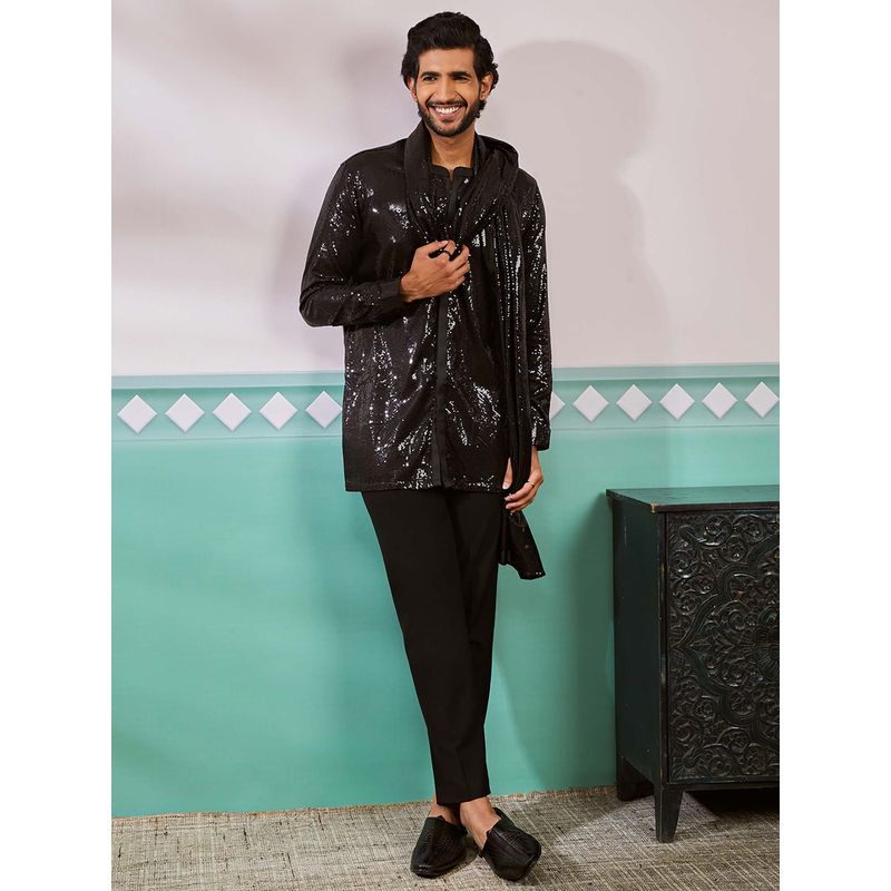Vastramay Mens Black Sequined Short Kurta with Pant and Dupatta (Set of 3) (36)