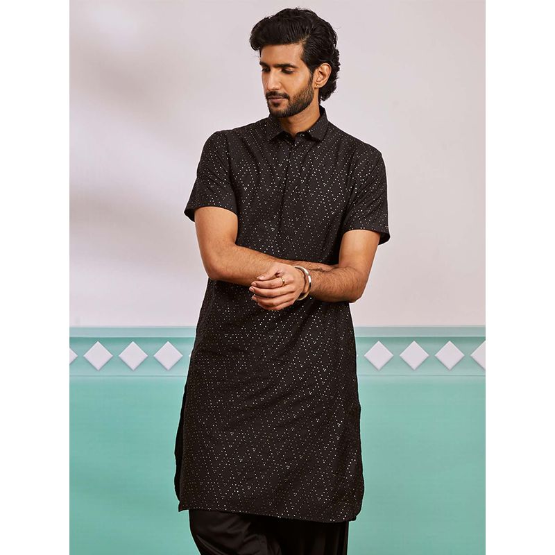 Vastramay Mens Black Embellished Shirt Collar Pathani Kurta (36)