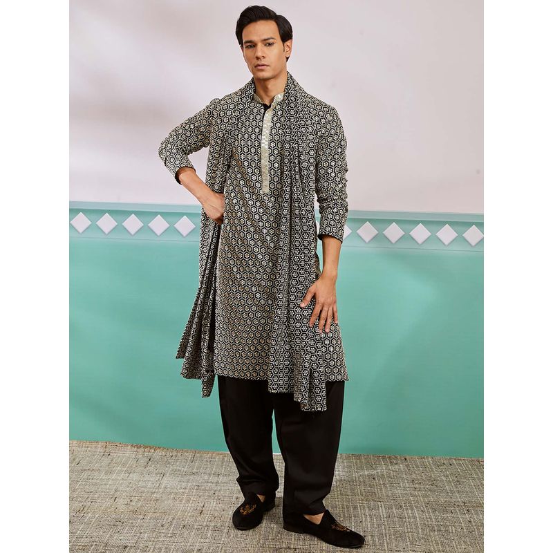 Vastramay Mens Black Floral Embroidered Kurta with Patiala Pant and Dupatta (Set of 3) (40)