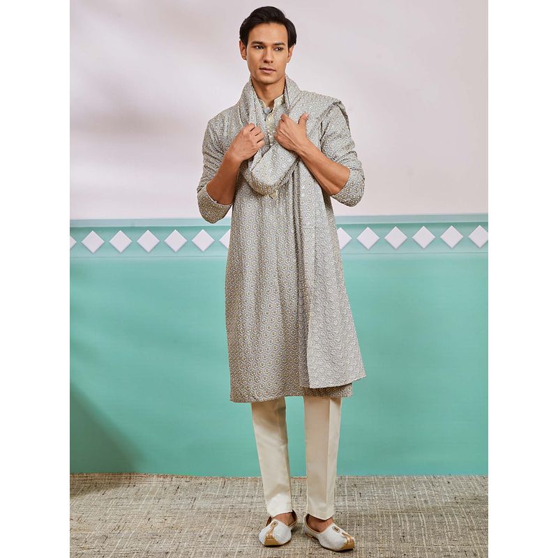 Vastramay Mens Grey Floral Embroidered Kurta with Pant and Dupatta (Set of 3) (36)
