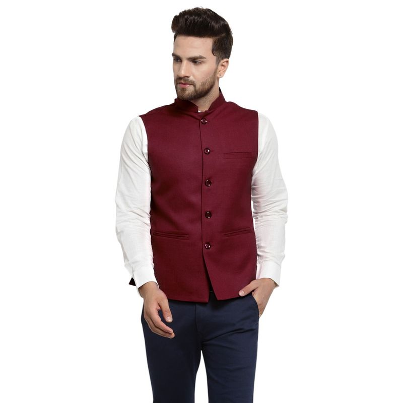 TREEMODA New Designer Men Maroon Solid Nehru Jacket (XL)