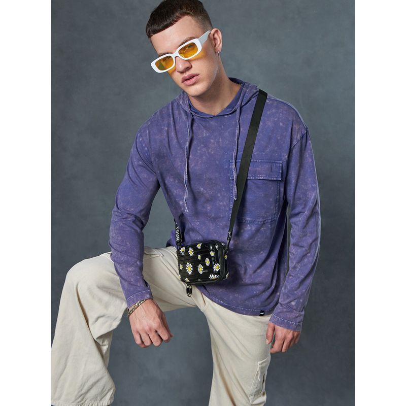 Bewakoof Men's Skipper Blue Oversized Acid Wash Hoodie T-shirt (L)