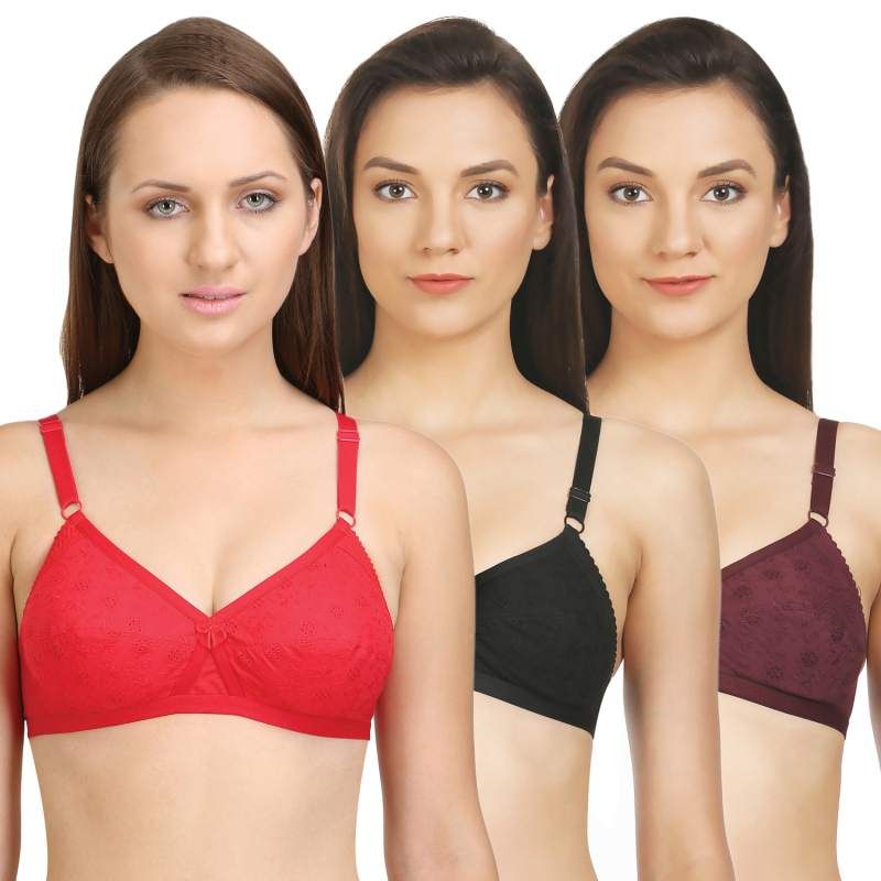 Bodycare Perfect Coverage Bra In Red-Black-Wine Color (Pack of 3) - 30B