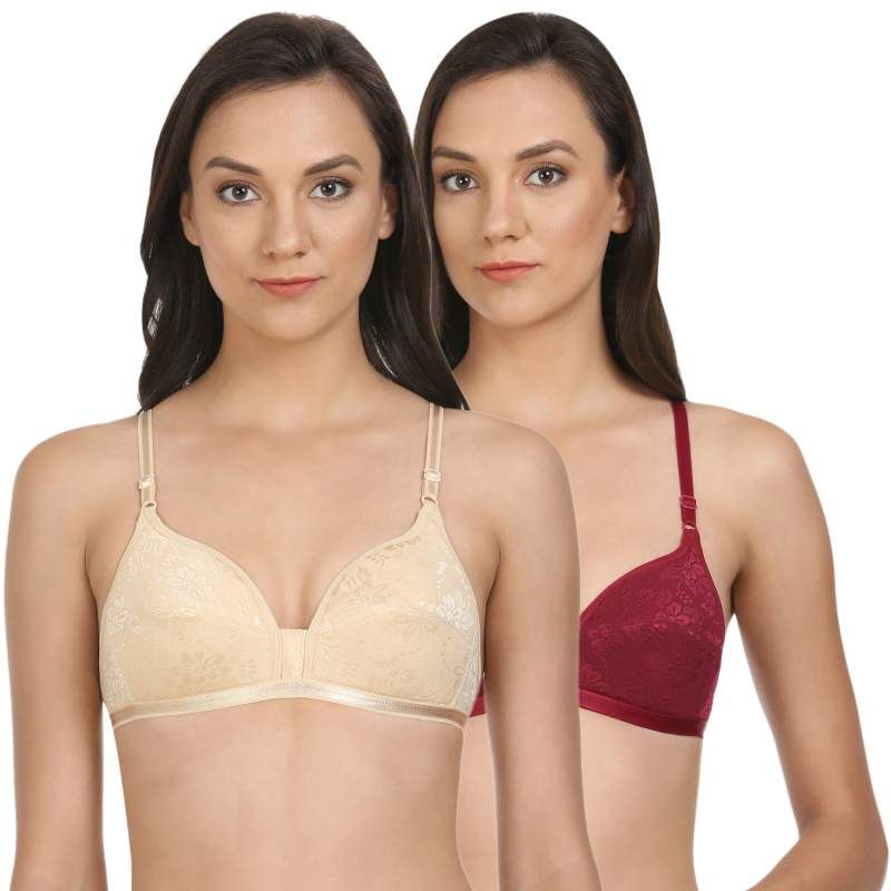 Bodycare Lightly Padded T-Shirt Bra In Maroon-Skin Color (Pack of 2) - 30B