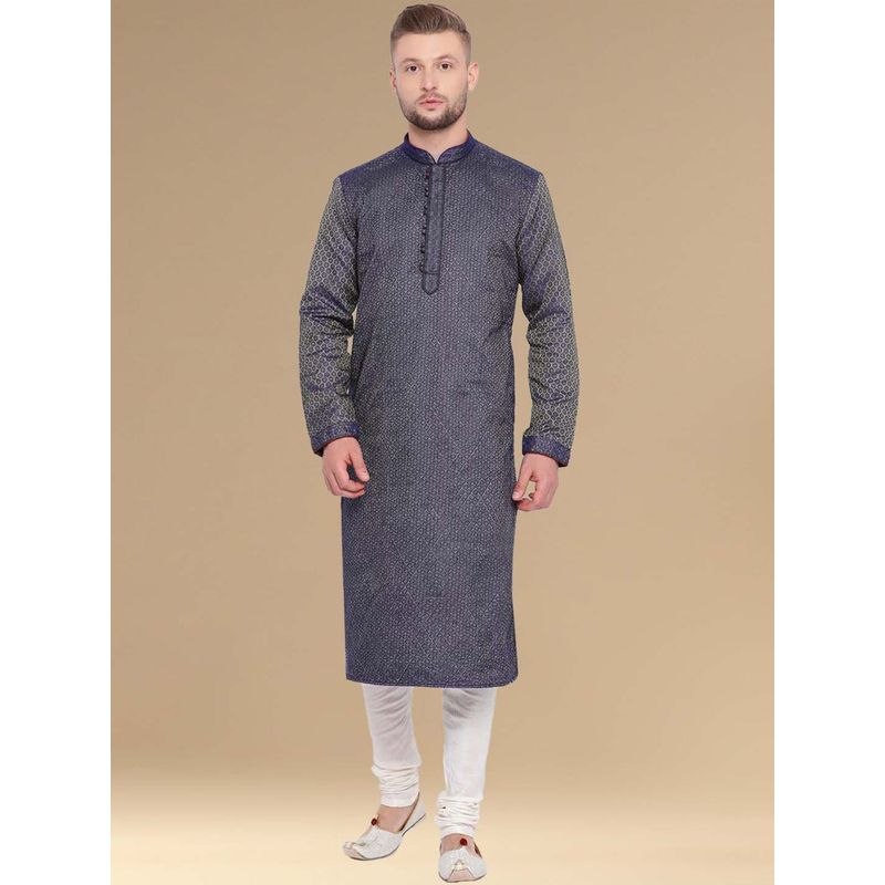 Sanwara Mens Stylish Woven Work Blue Kurta & Pyjama (Set of 2) (S)