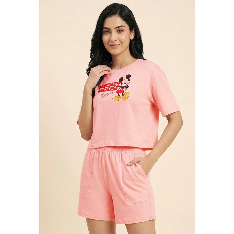 Zivame Mickey And Friends Knit Cotton Loungewear Shorts With T-Shirt - Gossamer Pink (XL)