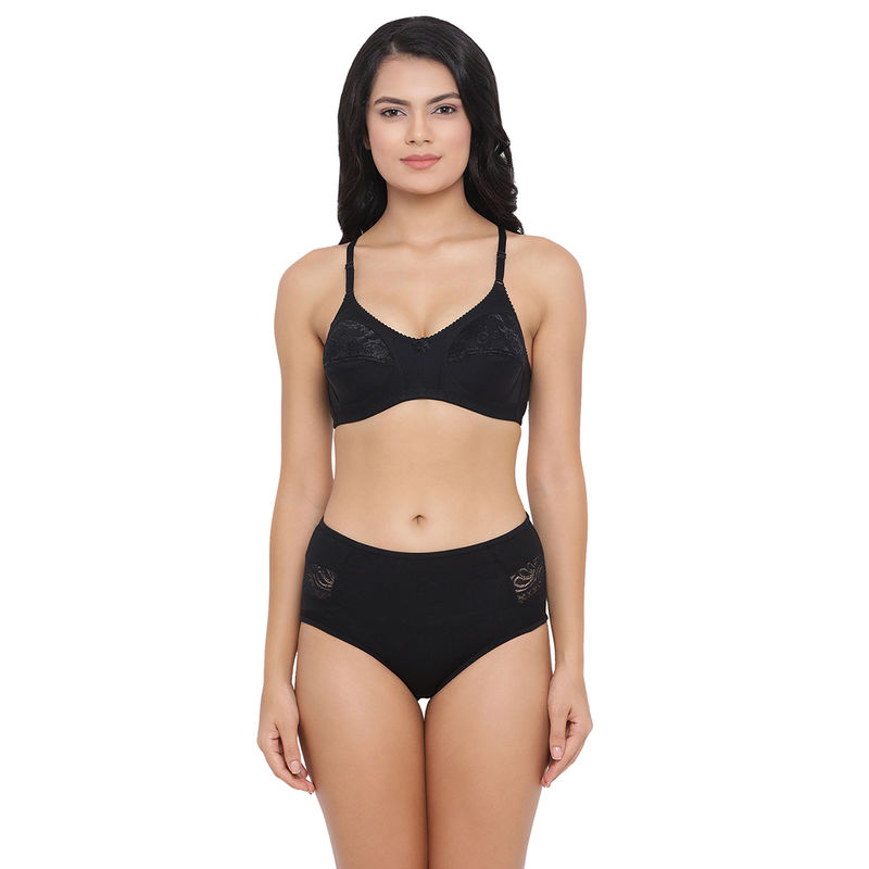 Clovia Cotton Rich Non-Padded Wirefree Full Cup Lacy Bra & High Waist Hipster Panty - Black (32C)