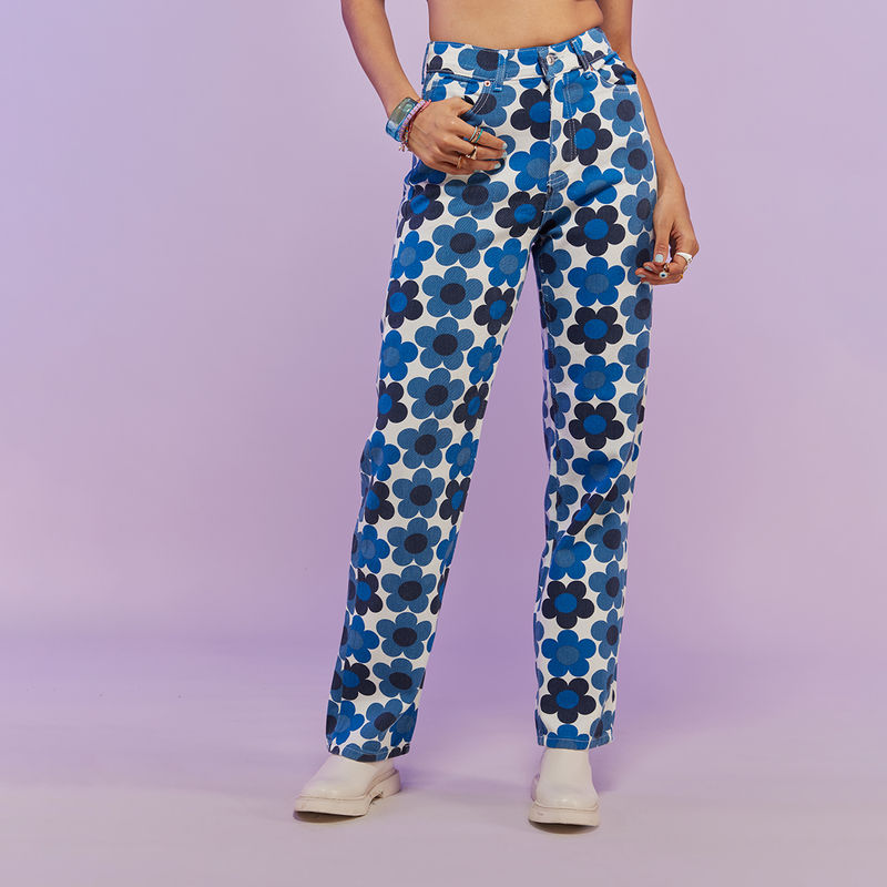 MIXT by Nykaa Fashion Blue And White Floral Print High Waist Straight Fit Denims (26)