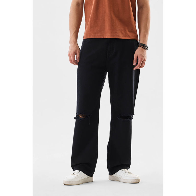 Snitch Black Knee Rips Baggy Casual Jeans for Men (30)