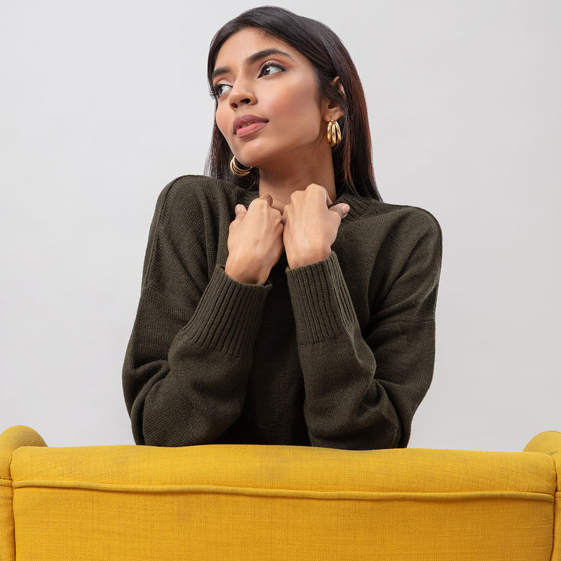 Twenty Dresses By Nykaa Fashion All Cozied Up Olive Green Sweater (XL)