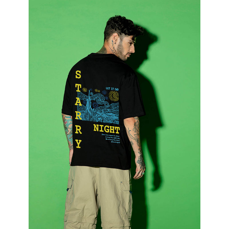 Bewakoof Men's Black Starry Night Graphic Printed Oversized T-shirt (M)