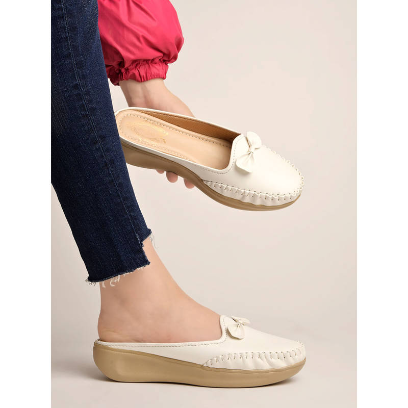 Shoetopia Upper Bow Detailed White Slip-On Loafers for Women (EURO 42)