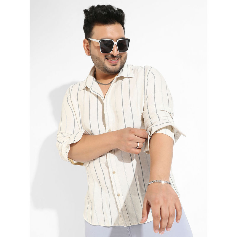 Instafab Plus Men Beige Contrast Pinstriped Shirt (5XL)