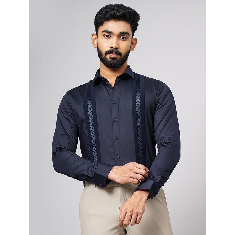 JB Studio Navy Blue Cotton Blend Solid Party Wear Shirt (46)