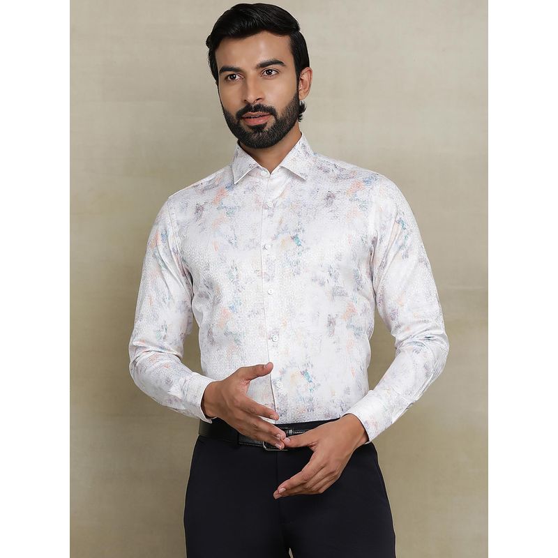 JB Studio Off White Cotton Blend Printed Party Wear Shirt (40)