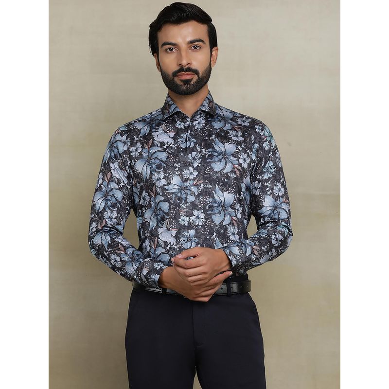 JB Studio Dark Grey & Blue 100% Cotton Printed Party Wear Shirt (38)
