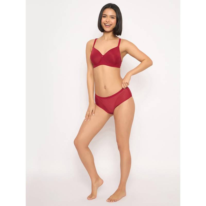 Clovia Maroon Padded T-Shirt Bra and Hipster Panty (Set of 2) (32B)