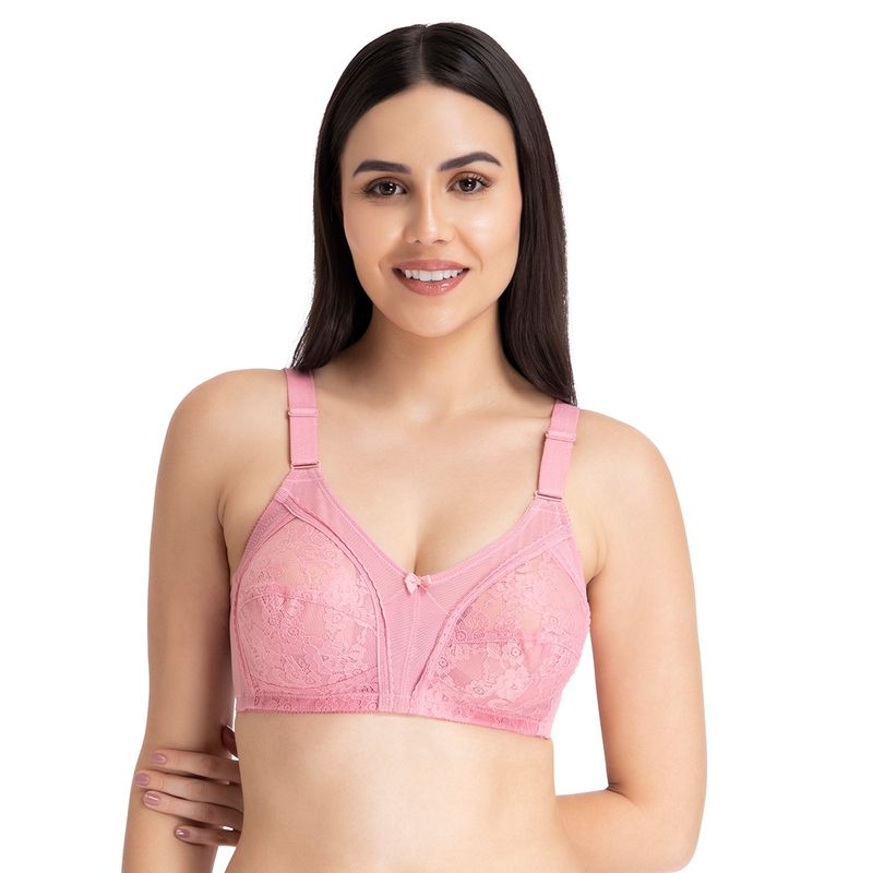 Amante Solid Non Padded Non Wired Full Coverage Lace Bra Pink (34C)