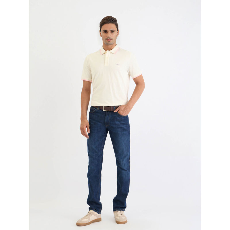 GANT Men Cream Solid Short Sleeves Polo T-Shirt (S)