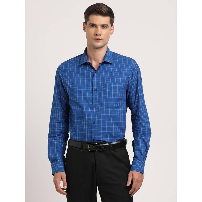 Turtle Men Cotton Blue Check Slim Fit Formal Shirt (40)