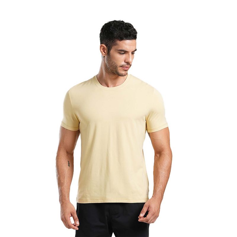 Tego Beige Bamboo Solid Men T-Shirt (S)