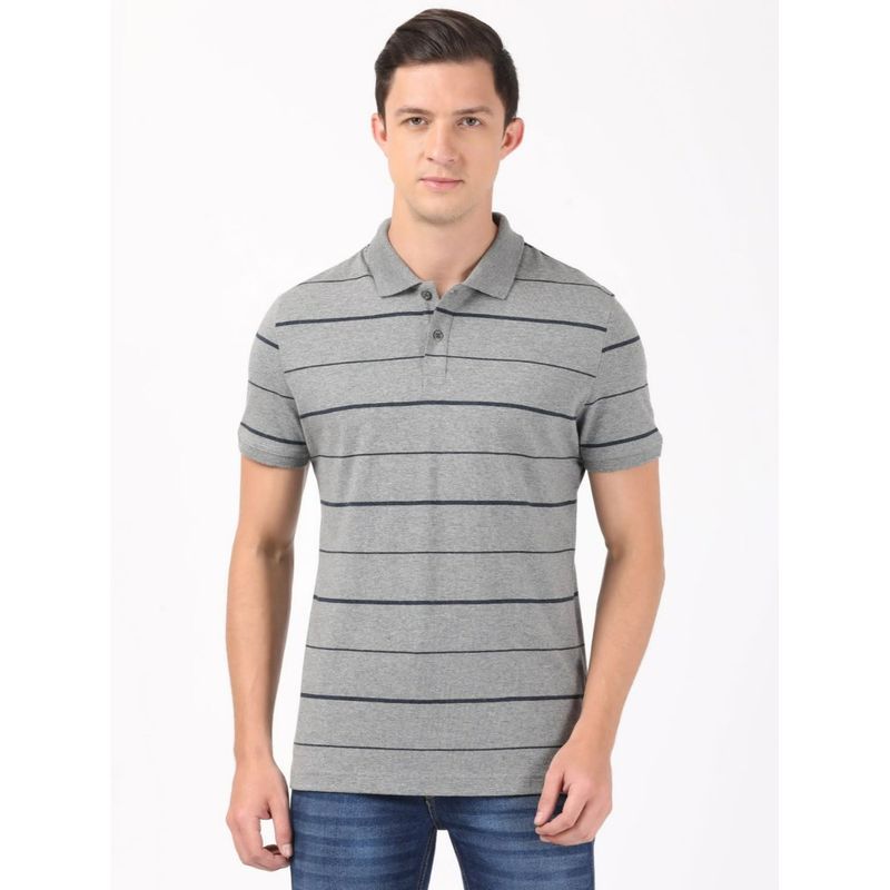 Jockey UM15 Men Cotton Striped Polo T-Shirt - Mid Grey Melange and Night Sky Ground (M)