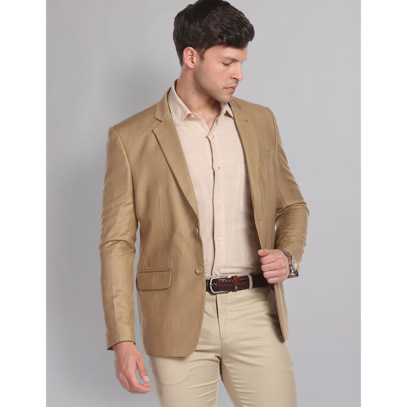 AD By Arvind Men Khaki Twill Weave Abstract Pattern Formal Blazer (46)