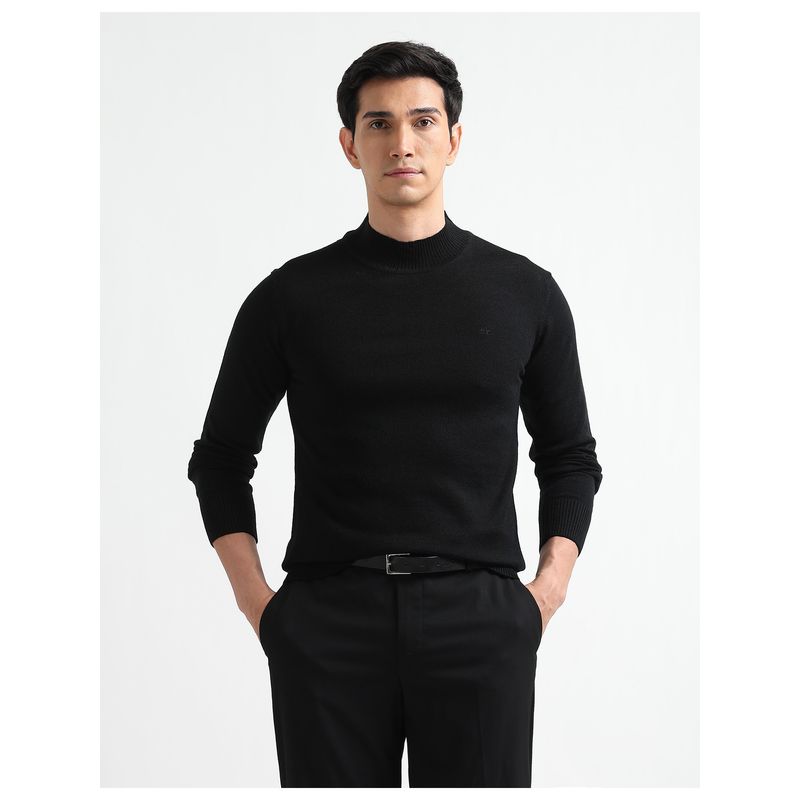 Arrow Sports Men Black Mock Neck Regular Fit Sweater (M)